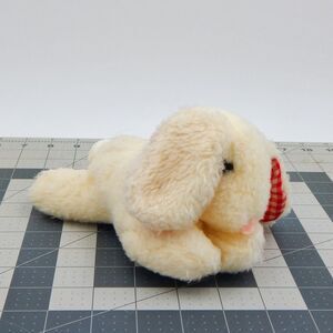 Eden Bunny Rabbit Laying Plush Rattle Red Plaid Ears Cream Wooly Fur 8 Inch